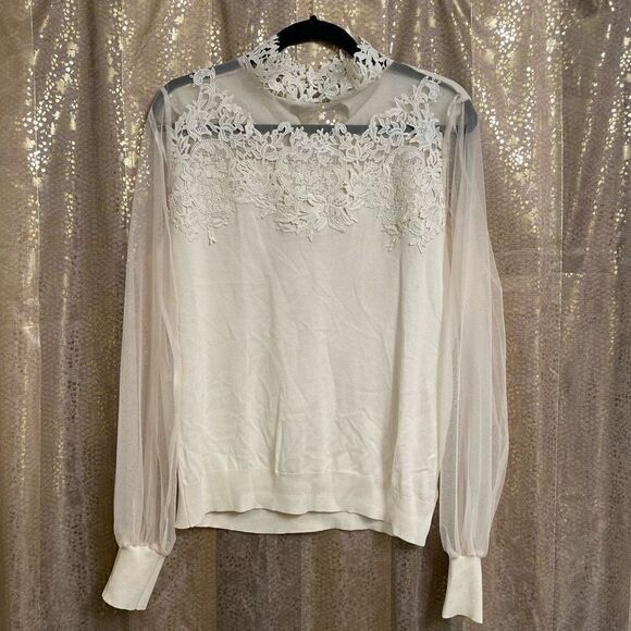 Adiva Ivory Crochet White Lace Mesh Sleeve Long Sleeve Sweater/Top, XL - Picture 1 of 7
